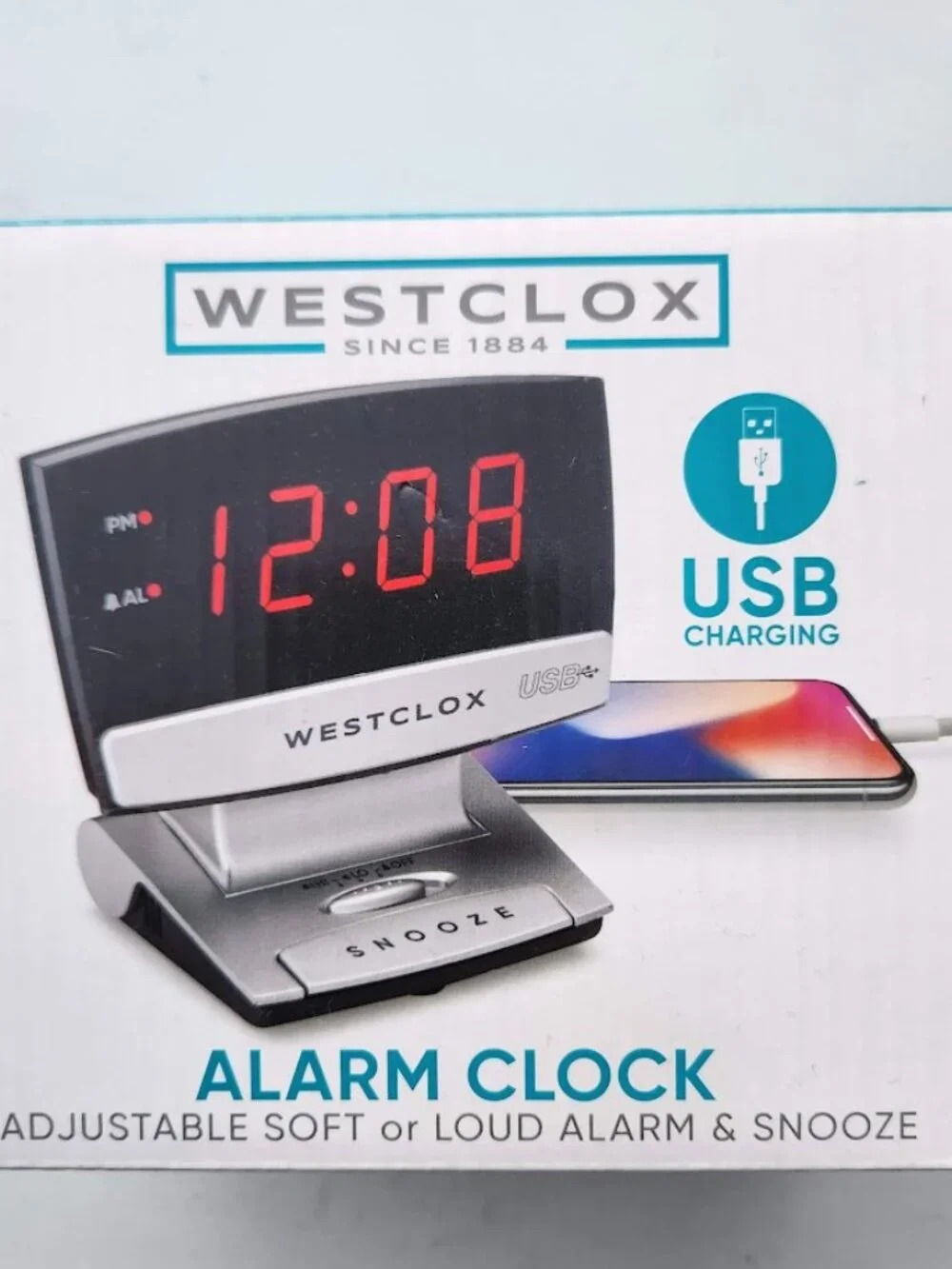 Digital Desk Table Alarm Clock with USB Charging Port Black Silver LED Large 0.9